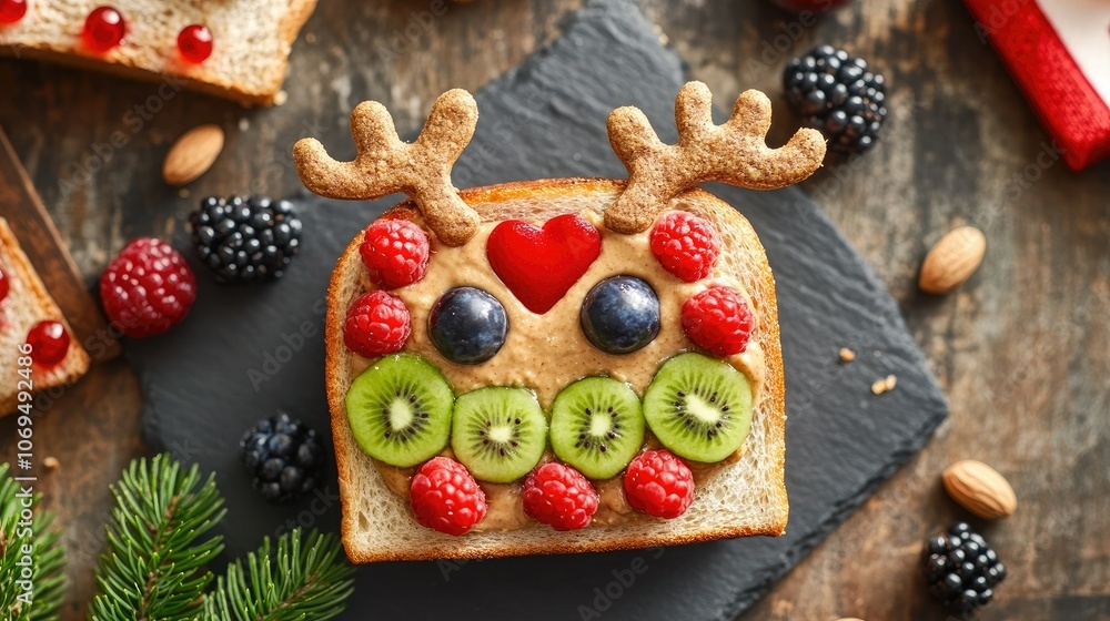 Festive Christmas Toast with Fruit and Decorations Festive Christmas Toast with Fruit and Decorations