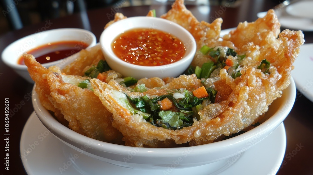 Crispy Dumplings with Dipping Sauce and Garnish Crispy Dumplings with Dipping Sauce and Garnish
