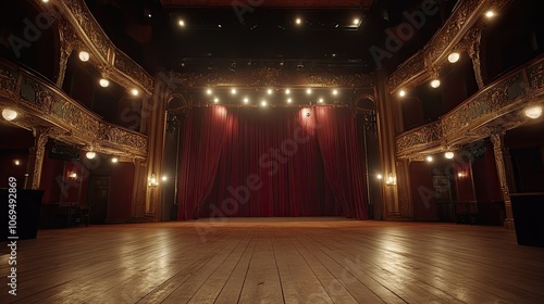 Elegant Theater Stage with Red Curtains and Soft Lighting