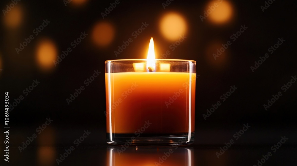 A glowing candle in a glass holder on a dark background, creating a warm ambiance. A glowing candle in a glass holder on a dark background, creating a warm ambiance.