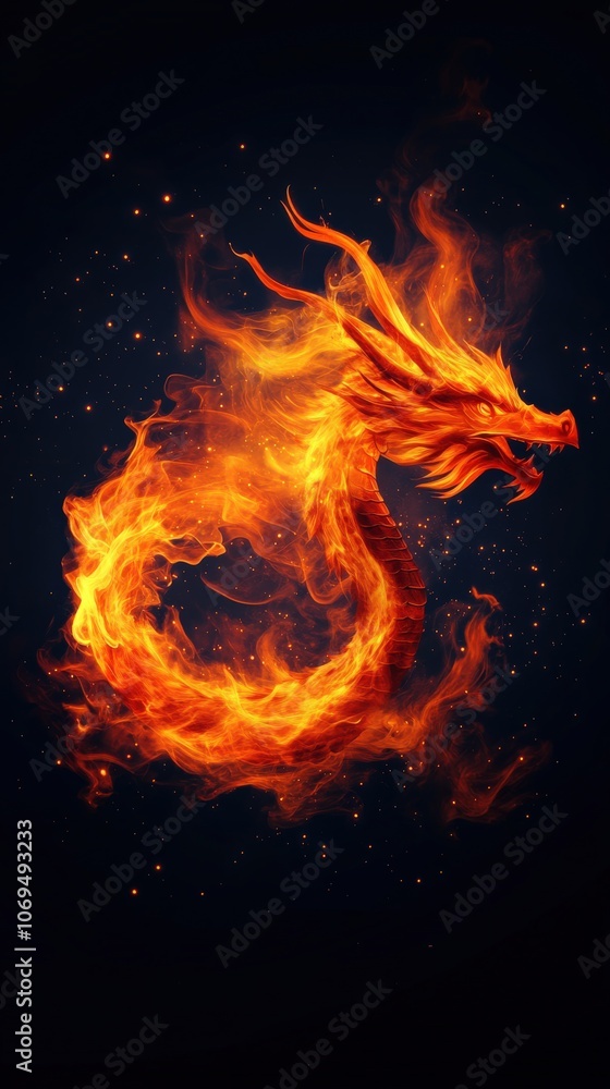 Fototapeta premium A mythical fire dragon surrounded by flames on a dark background.