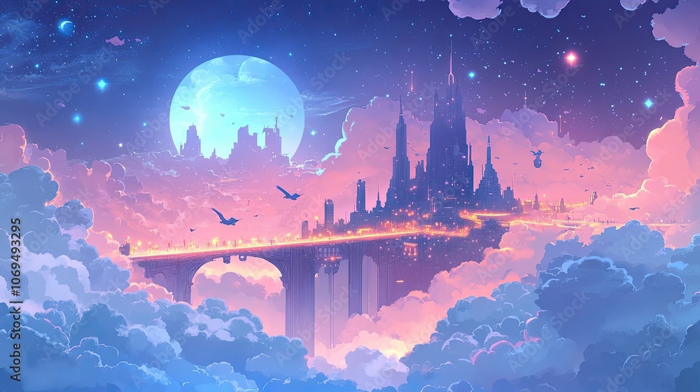 Naklejka premium A Futuristic City Floating Above the Clouds at Night