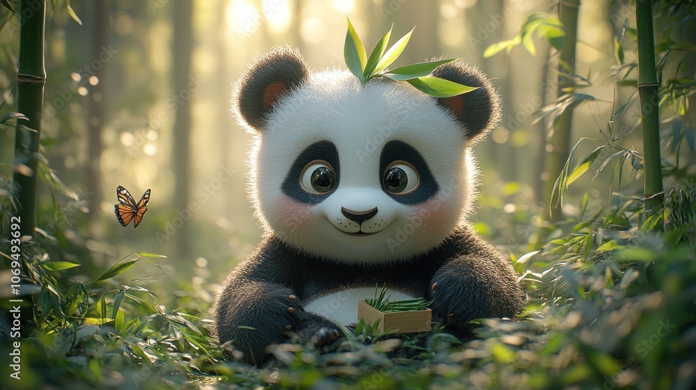 A cute, cartoon panda cub sits in a bamboo forest, holding a box of bamboo shoots and looking up with a happy expression. A butterfly flies in the background. A cute, cartoon panda cub sits in a bamboo forest, holding a box of bamboo shoots and looking up with a happy expression. A butterfly flies in the background.