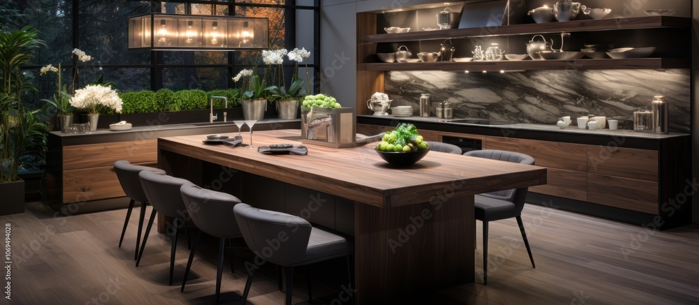 Modern kitchen island with wooden table and chairs, grey cabinets, black countertop, and a bowl of green apples on the table.