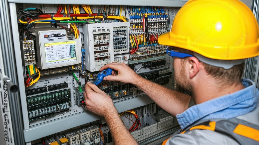 Electrician Working on Control Panel with Tools Electrician Working on Control Panel with Tools