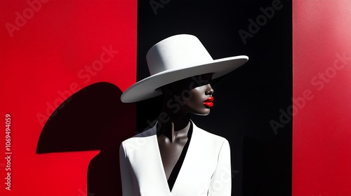 Wallpaper Mural Woman in profile with white hat and red lipstick on two-tone background.. Torontodigital.ca