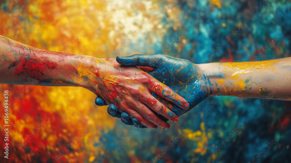 Close-up of hands greeting with colorful paint symbolizing unity, equality, and brotherhood, against an abstract background of blue, red, and yellow oil paint