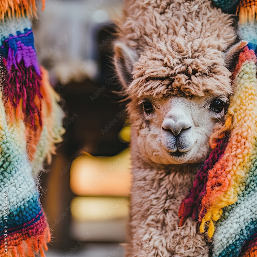 Obraz premium Close-up Portrait of a Brown Alpaca with Rainbow-Colored Blanket