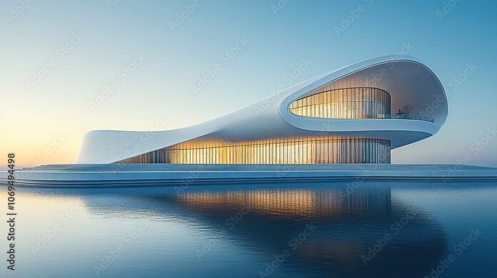 A futuristic, white, and glass building with a unique, curved design sits on the water at sunset. A futuristic, white, and glass building with a unique, curved design sits on the water at sunset.