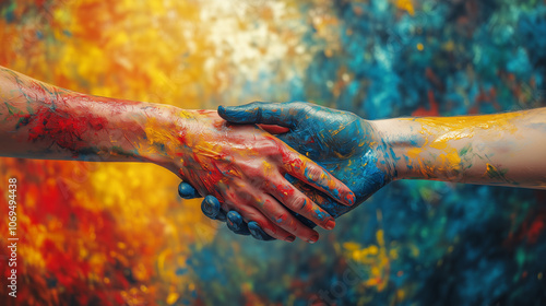 Obraz na płótnie Close-up of hands greeting with colorful paint symbolizing unity, equality, and brotherhood, against an abstract background of blue, red, and yellow oil paint w salonie