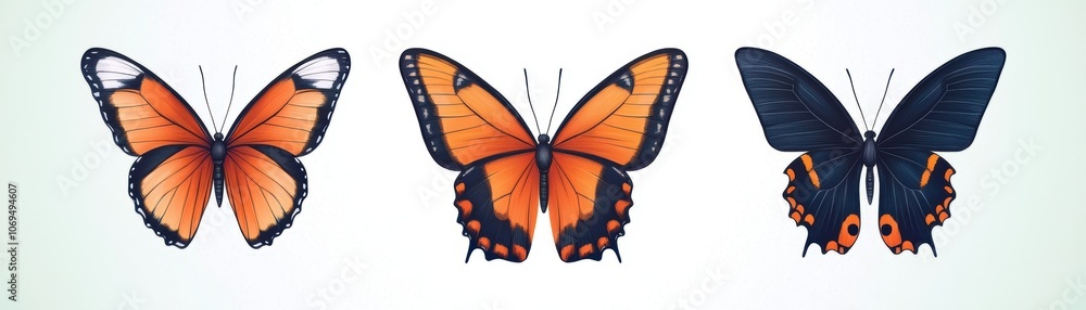 Fototapeta premium Three beautifully illustrated butterflies vibrant orange and black patterns
