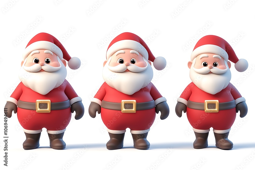 Three cheerful cartoon santa clauses are standing on a white background, ready to spread christmas joy