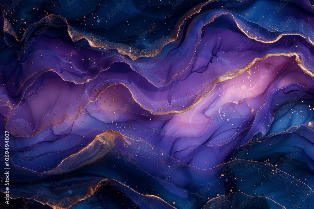 Naklejka premium Abstract Alcohol Ink Painting Modern Art in Blue Purple Pink Black with Gold Details Golden Lines Natural Luxury Fluid Art Mixing Colors Transparent Waves Golden Swirls Wallpaper Poster Print