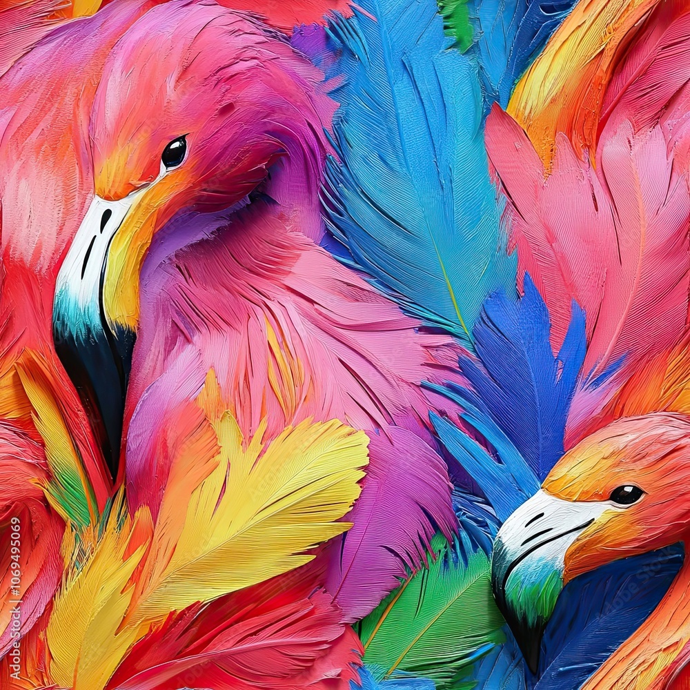Obraz premium Abstract Colorful Bird Feathers with a Flamingo Beak