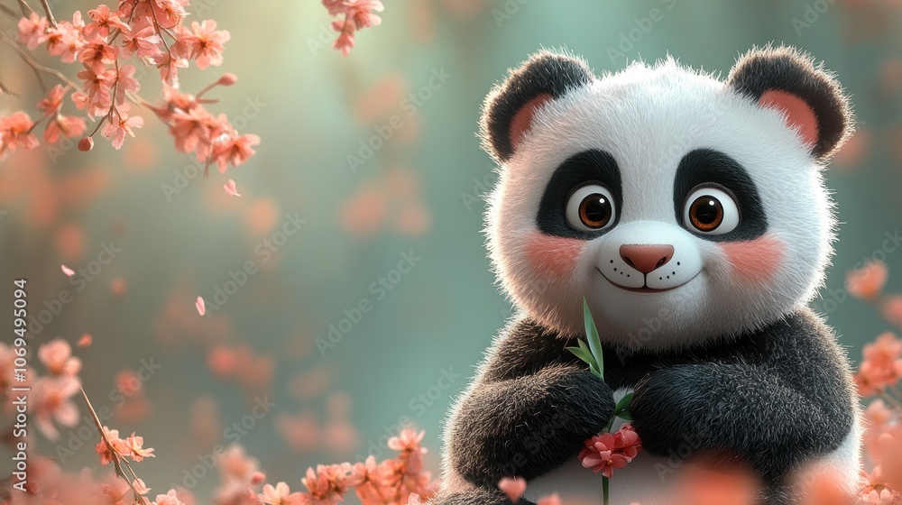 Adorable cartoon panda cub with pink cheeks sitting in a blooming cherry blossom tree. Adorable cartoon panda cub with pink cheeks sitting in a blooming cherry blossom tree.