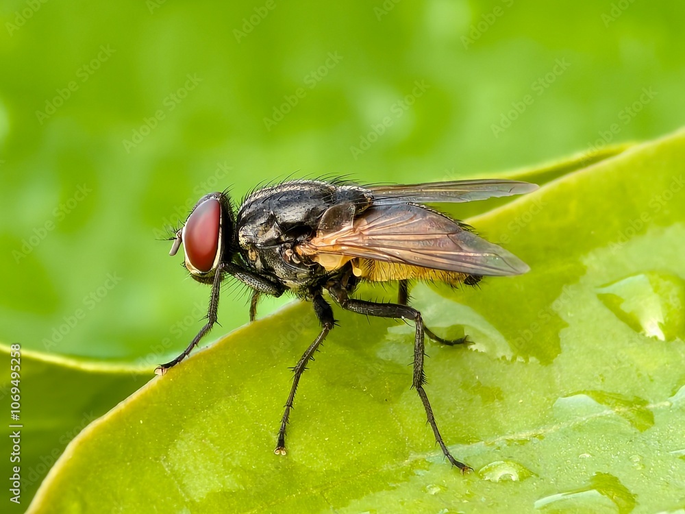 house fly on a leaf with a blurred background house fly on a leaf with a blurred background