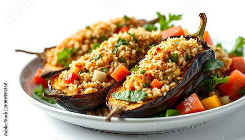 Stuffed eggplants, salad with bulgur, fruits, vegetables. healthy vegetarian food highlighted by white, png photo