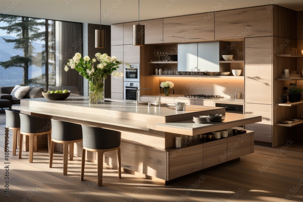 A modern kitchen with a large island, wooden cabinets, and a view of the mountains. A modern kitchen with a large island, wooden cabinets, and a view of the mountains.