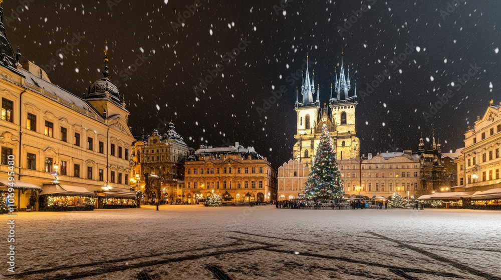 Fototapeta premium Magical Winter Night in Prague with Snow and Christmas Tree
