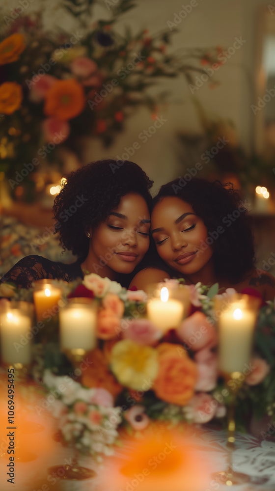 african american lgbt lesbian couple in love together surrounded by candles and celebration decorations with flowers