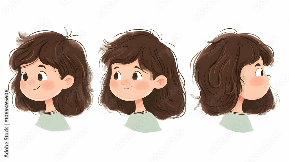 A cartoon illustration of a young girl with brown hair and green shirt. The girl is shown in three different profile views. A cartoon illustration of a young girl with brown hair and green shirt. The girl is shown in three different profile views.