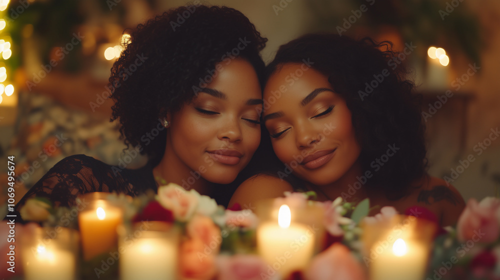 african american lgbt lesbian couple in love together surrounded by candles and celebration decorations with flowers