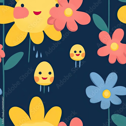 Cartoon Flowers and Smiling Suns with Raindrops on a Dark Blue Background