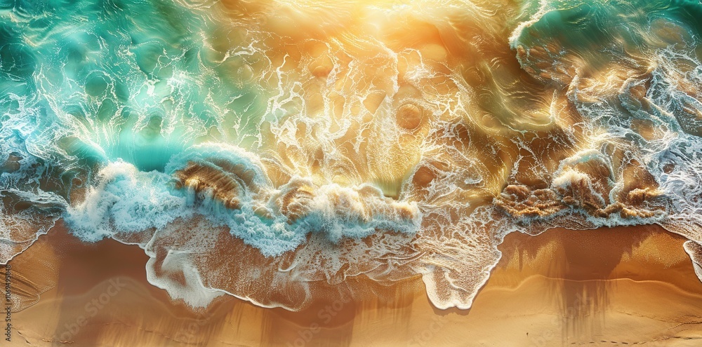 Aerial view of ocean waves breaking on sandy beach with sunlight. 3d Aerial view of ocean waves breaking on sandy beach with sunlight. 3d