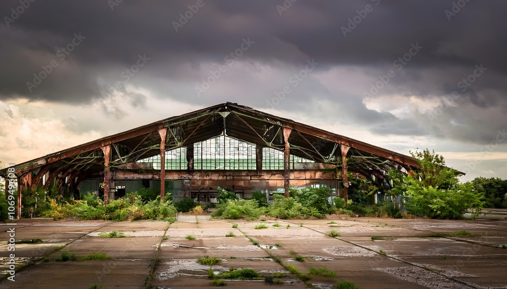 Abandoned airport covered in rust and grime, with broken glass windows Abandoned airport covered in rust and grime, with broken glass windows