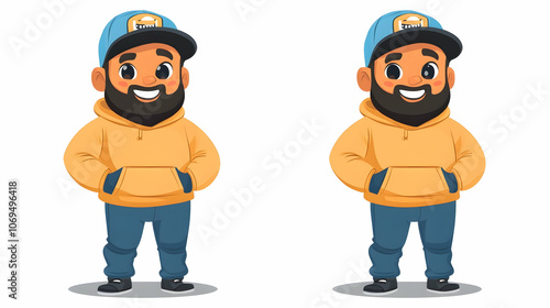 A cartoon man wearing a blue cap, yellow hoodie and blue jeans, standing with his hands in his pockets.