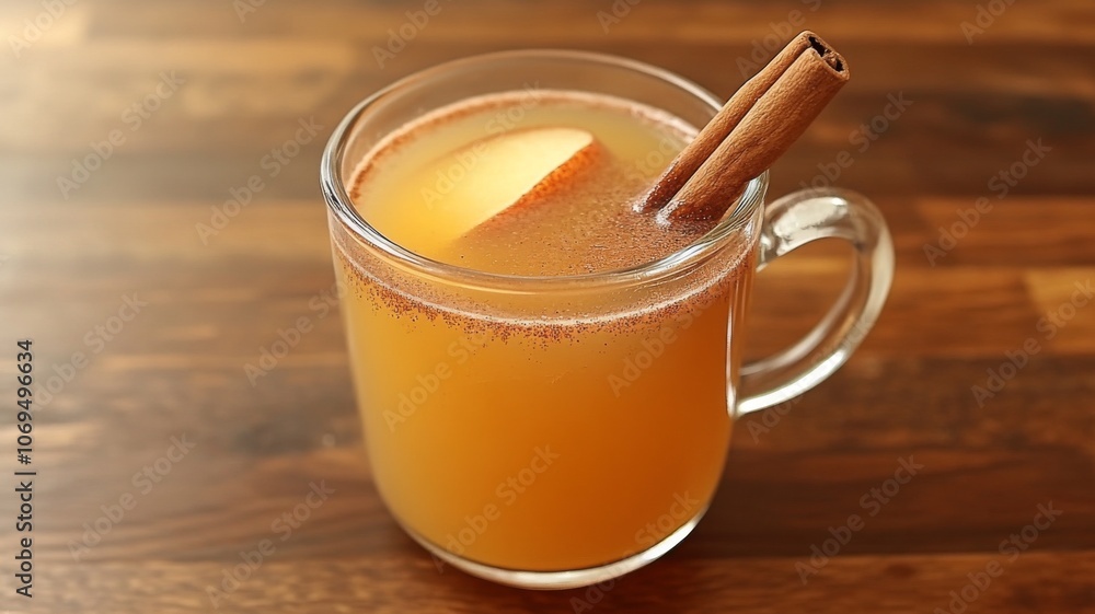 A glass of warm apple cider with cinnamon stick garnish on wooden surface A glass of warm apple cider with cinnamon stick garnish on wooden surface
