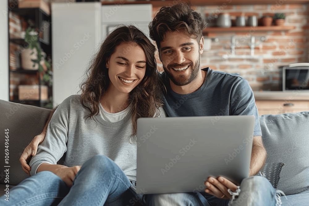 Young couple using laptop together at home on sofa, man helping woman with work or online shopping in modern apartment Young couple using laptop together at home on sofa, man helping woman with work or online shopping in modern apartment