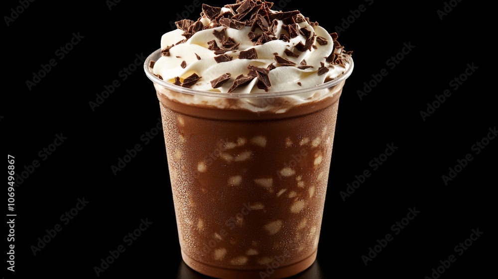 Chocolate milkshake with whipped cream and chocolate shavings in a plastic cup Chocolate milkshake with whipped cream and chocolate shavings in a plastic cup