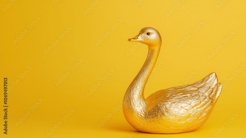 Fototapeta premium decorative golden goose figurine stands elegantly against vibrant yellow background, showcasing its intricate details and shiny surface. This charming piece adds touch of whimsy and luxury to any