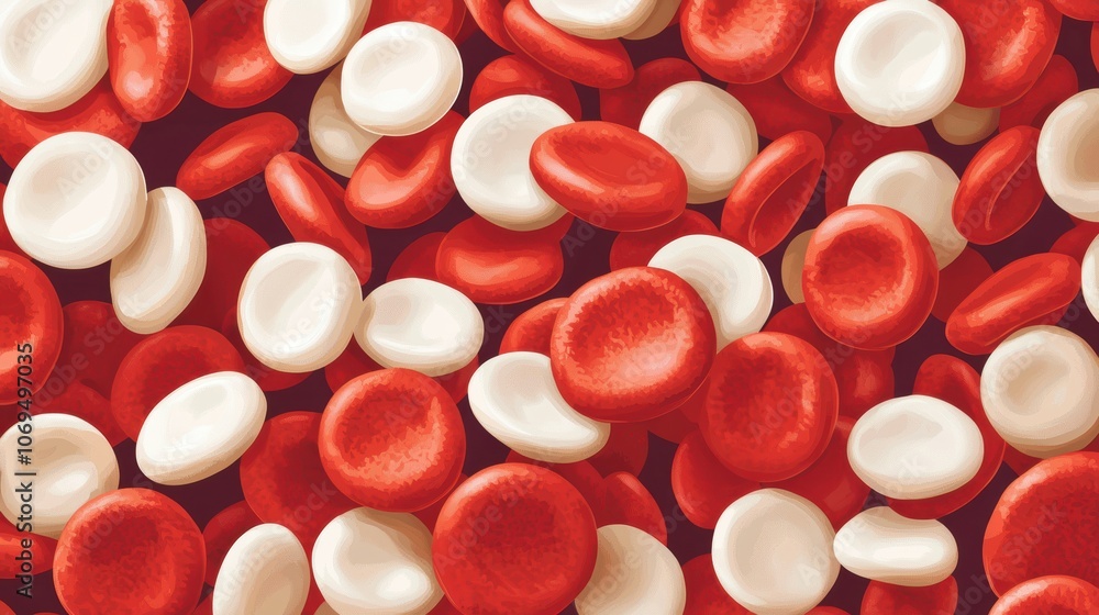 A vibrant close-up of red and white blood cells, illustrating their distinct colors and shapes, human circulatory system. A vibrant close-up of red and white blood cells, illustrating their distinct colors and shapes, human circulatory system.