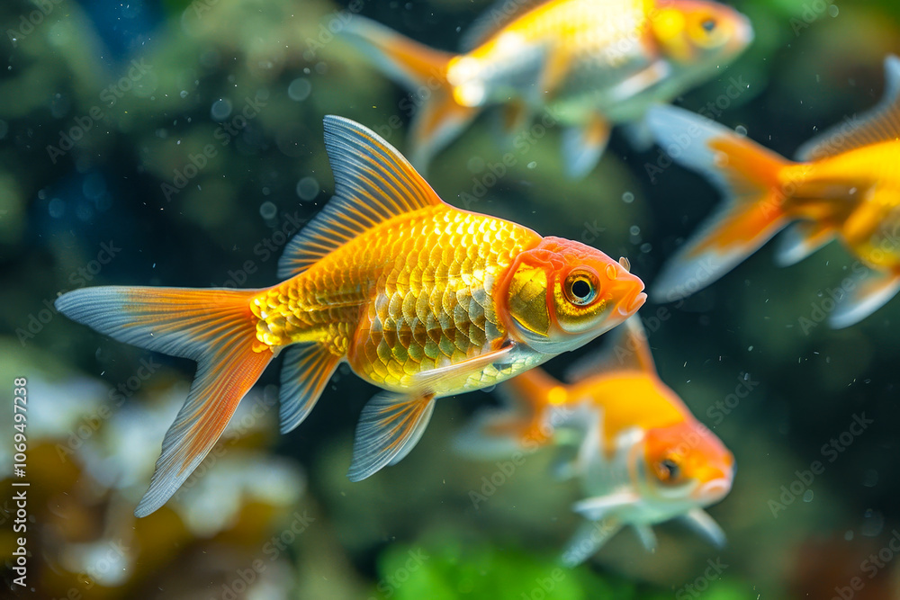 Fototapeta premium Golden Yellow Comet Goldfish with Vibrant Orange Fins and Tail in a Freshwater Aquarium