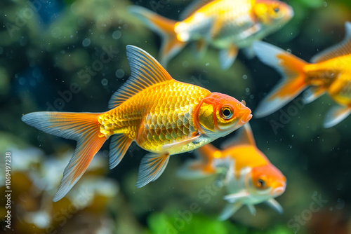 Golden Yellow Comet Goldfish with Vibrant Orange Fins and Tail in a Freshwater Aquarium