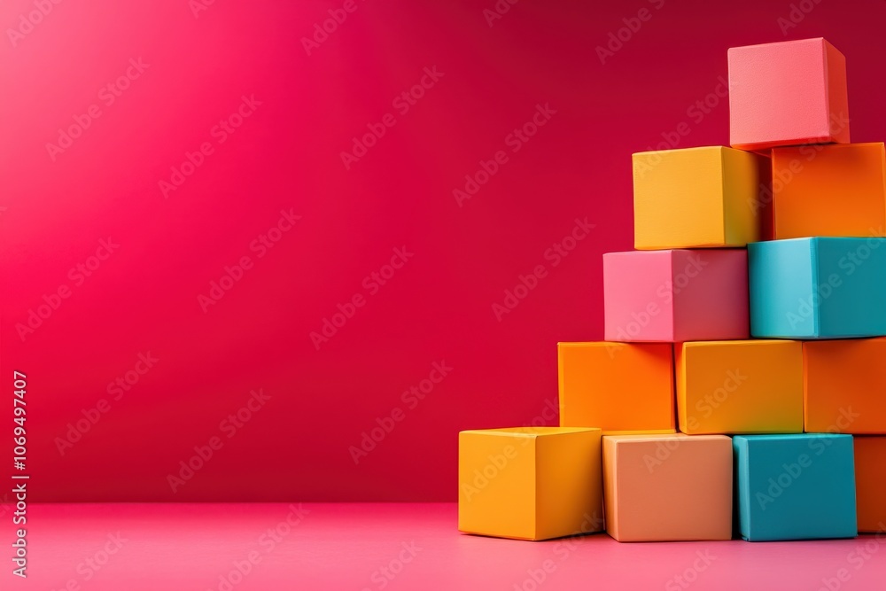 Colorful blocks stacked on a vibrant pink background.