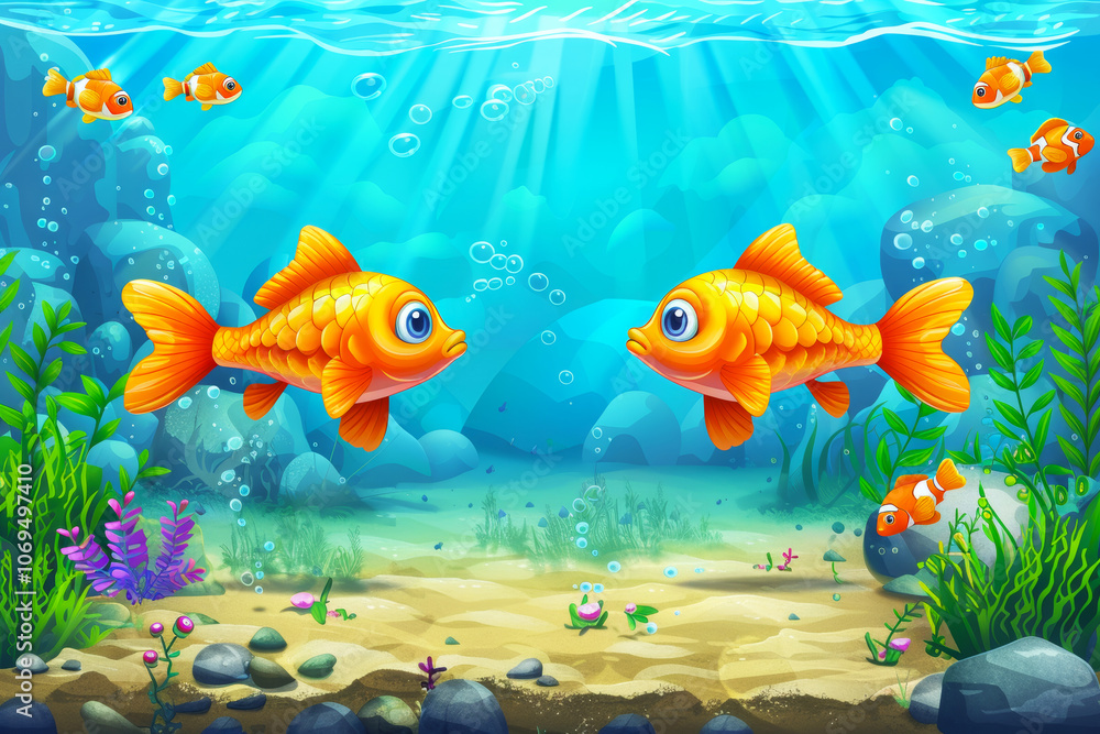 Naklejka premium Two Golden Fish Meet in an Underwater Paradise, a Vibrant Cartoonish Illustration of Marine Life