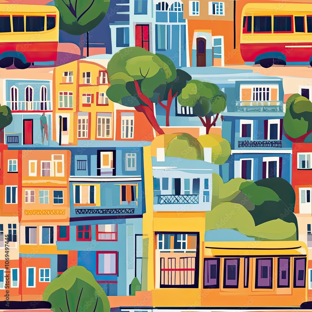 Colorful Cityscape with Buildings, Trees, and Buses Colorful Cityscape with Buildings, Trees, and Buses