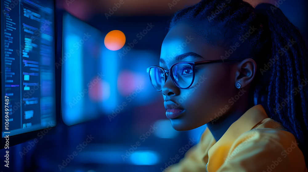 Woman in Camouflage Uniform Looks at a Futuristic Display - Illustration