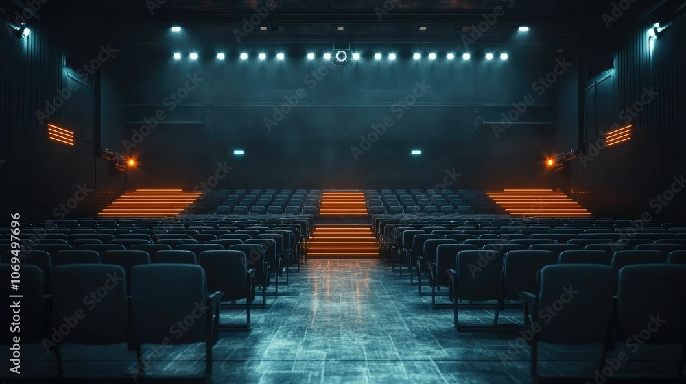 Naklejka premium Empty Theater with Stage and Dramatic Lighting