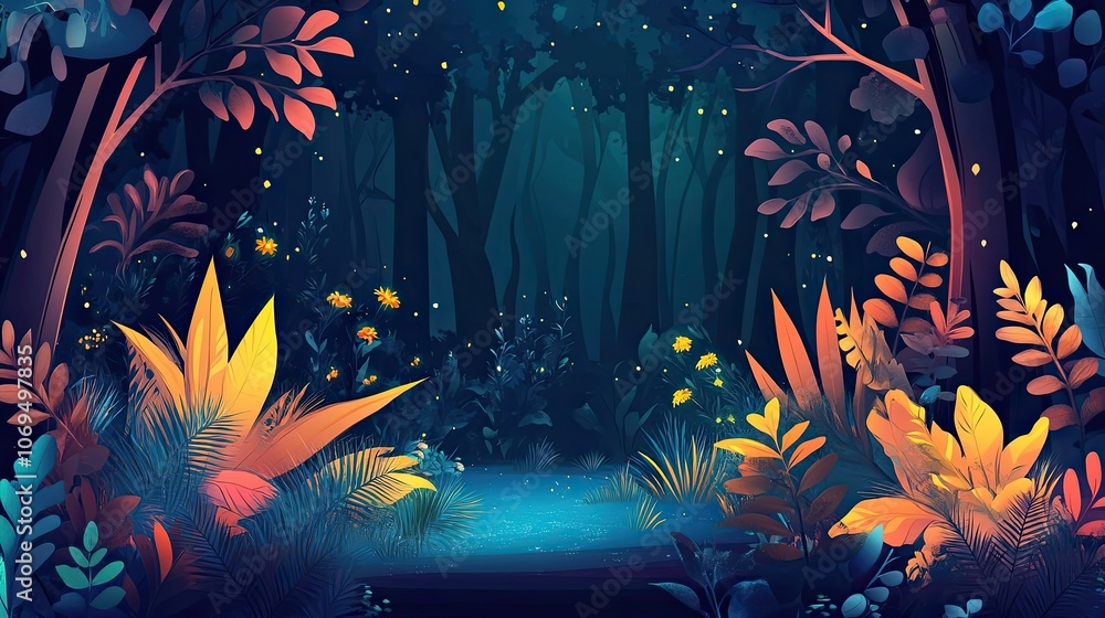 A Deep Forest Path Illuminated by Fireflies at Night A Deep Forest Path Illuminated by Fireflies at Night