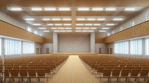 Modern Conference Hall with Empty Chairs and Stage