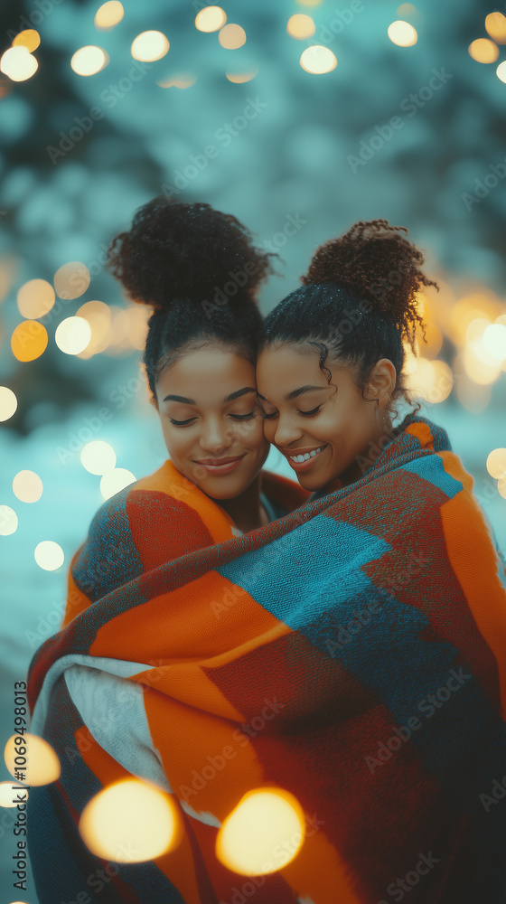 LGBT lesbian brunette afro couple in love together covered by a vibrant blanket, enjoying an outdoor lifestyle on a magical night with warm lights in the background