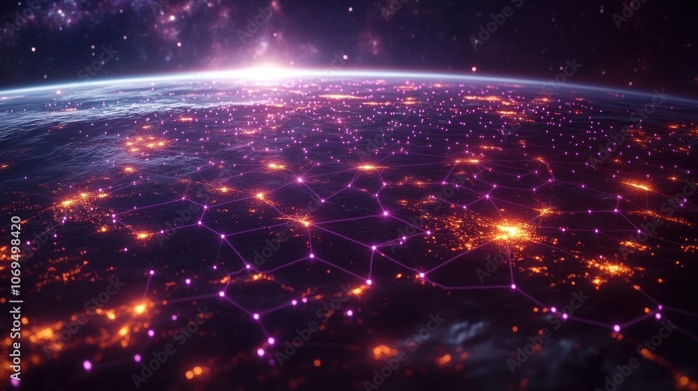A futuristic depiction of Earth with glowing city lights and abstract network connections. A futuristic depiction of Earth with glowing city lights and abstract network connections.