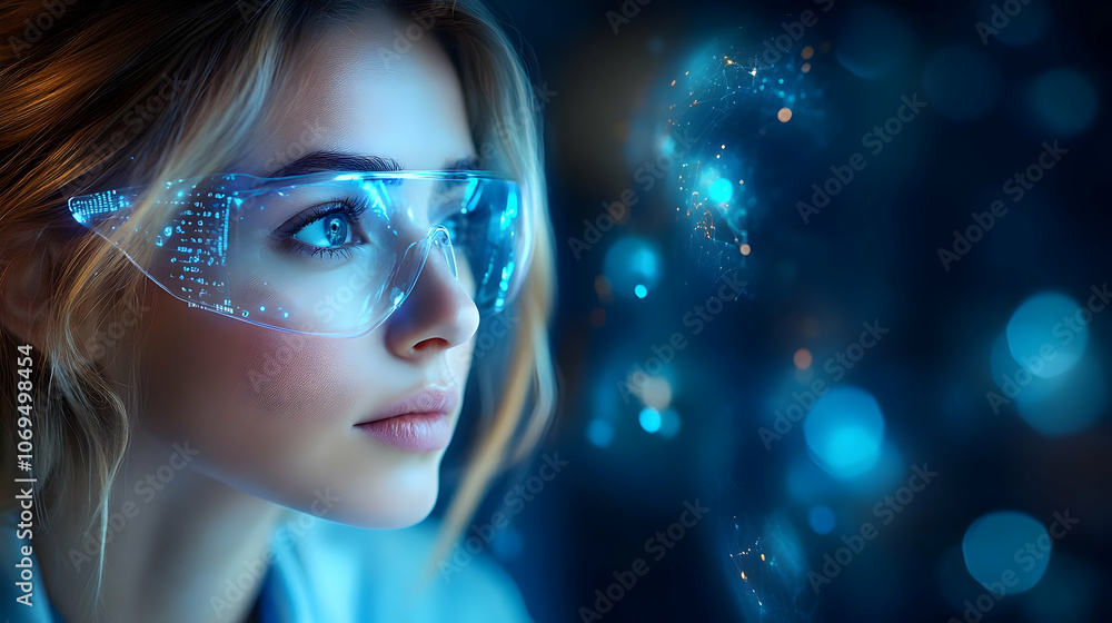 Woman Wearing Futuristic Glasses, Looking Into the Future - Illustration Woman Wearing Futuristic Glasses, Looking Into the Future - Illustration