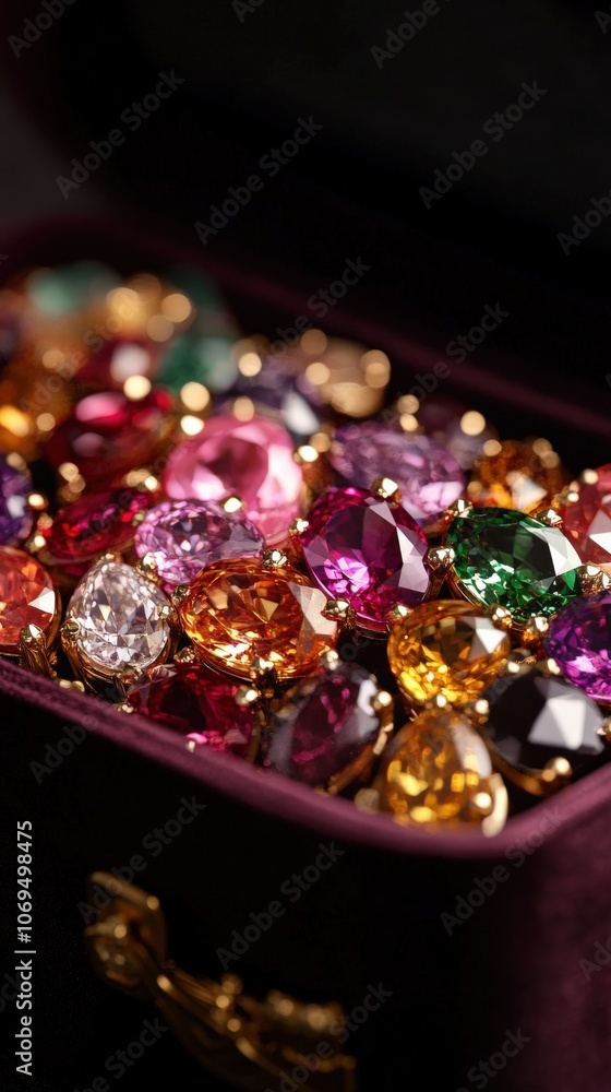 Colorful gems in an elegant box on a dark background. Colorful gems in an elegant box on a dark background.