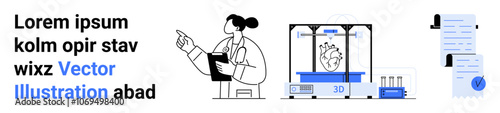 Medical professional, 3D printer with detailed human heart, clipboard, and documents. Ideal for medical advancements, healthcare technology, 3D printing, scientific research, medical education