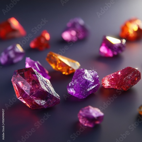 Colorful gemstones scattered on a dark surface, showcasing their natural beauty.